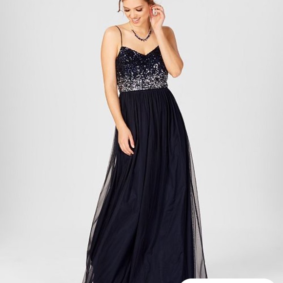 Adrianna Papell Navy Sequin Top Flowy Tulle Full Skirt Maxi Gown/ Dress, Size 4 - Picture 2 of 12